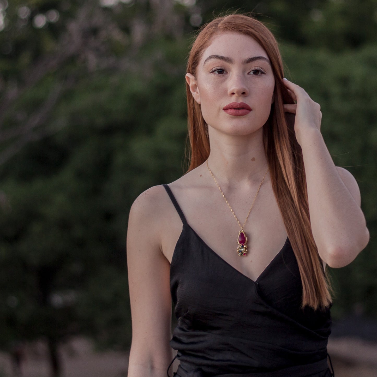 Gold Necklace with Red Agate and Colored Pearls