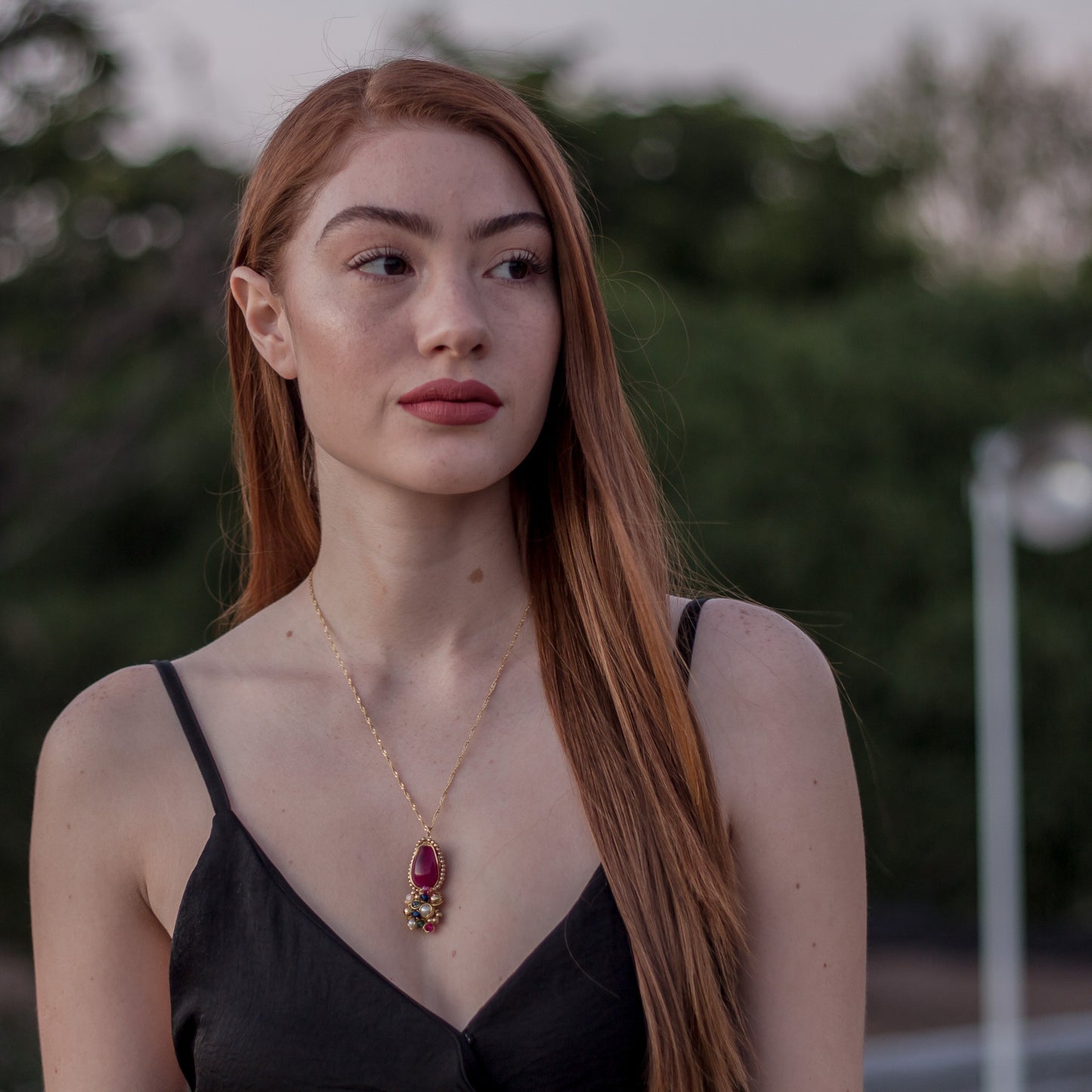 Gold Necklace with Red Agate and Colored Pearls