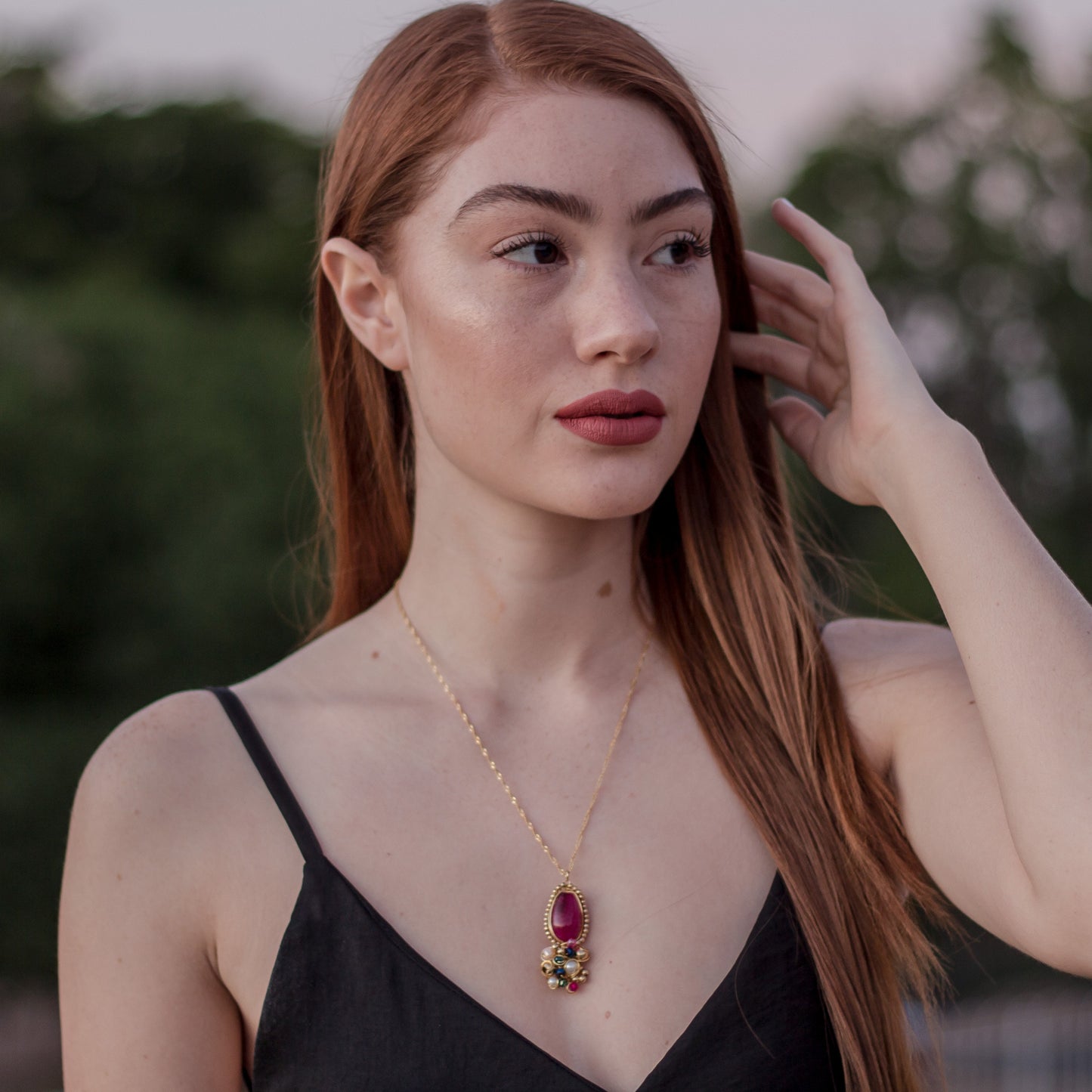 Gold Necklace with Red Agate and Colored Pearls