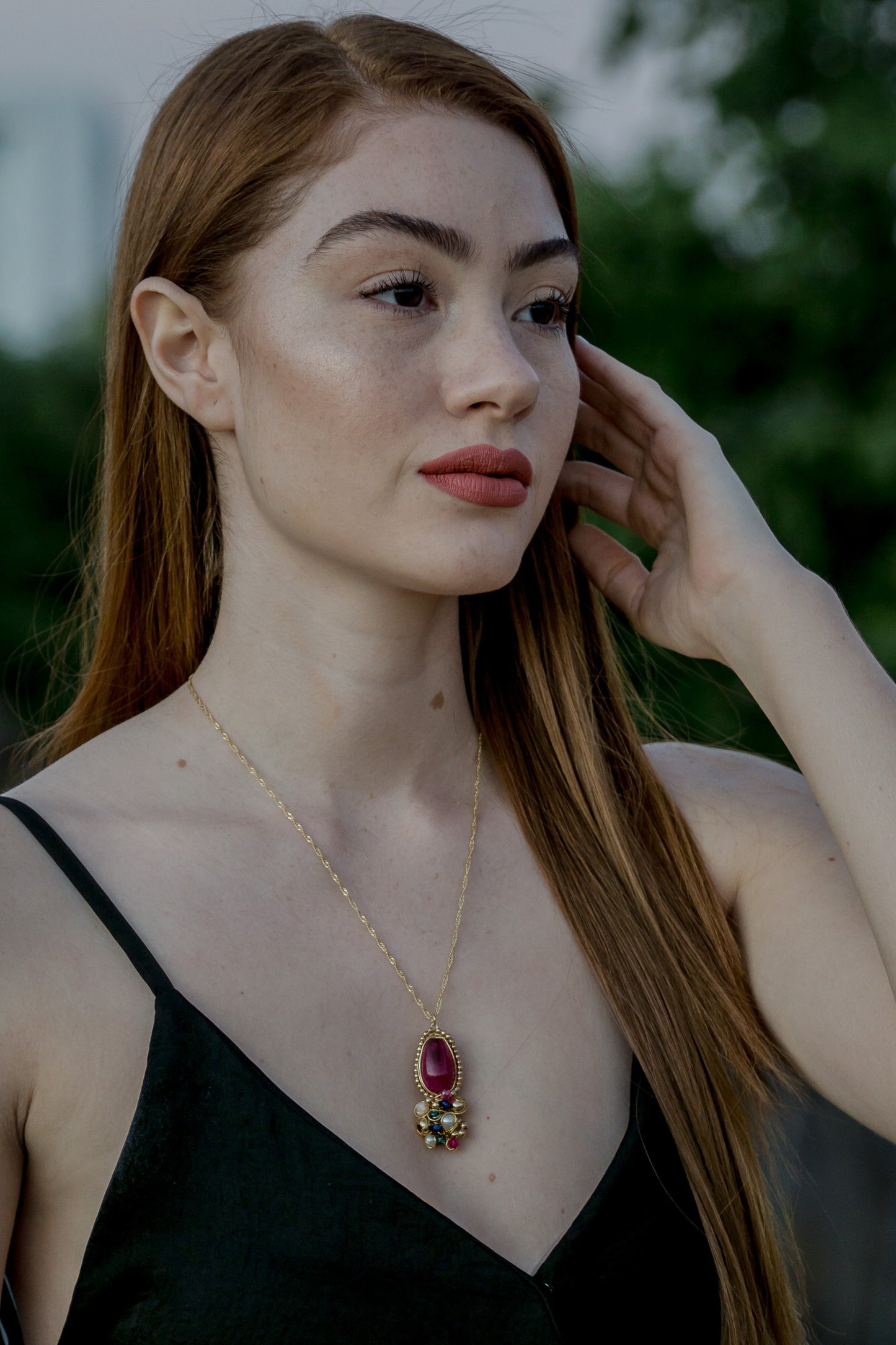 Gold Necklace with Red Agate and Colored Pearls