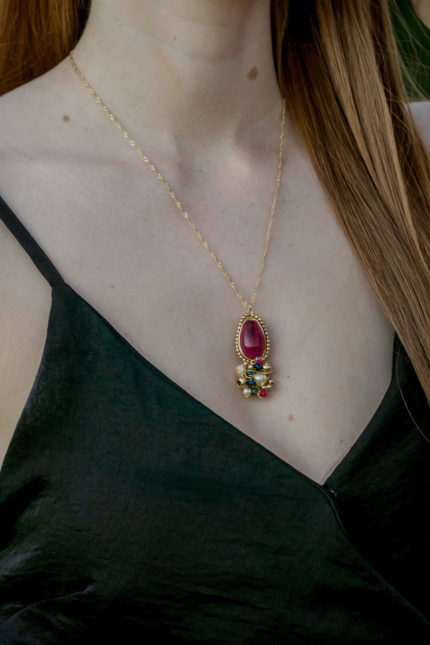 Gold Necklace with Red Agate and Colored Pearls