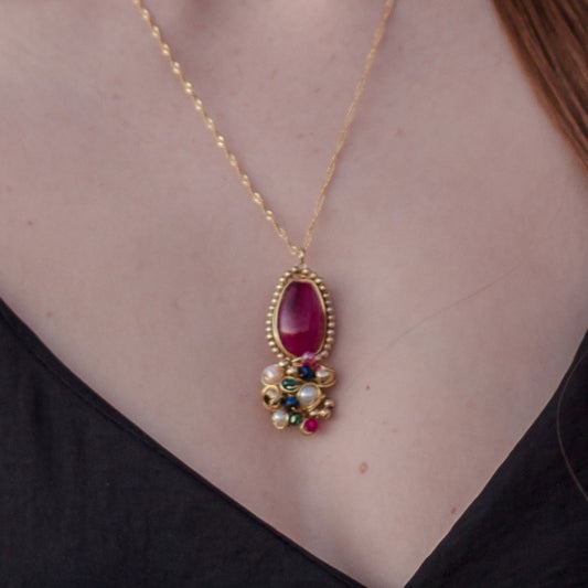 Gold Necklace with Red Agate and Colored Pearls